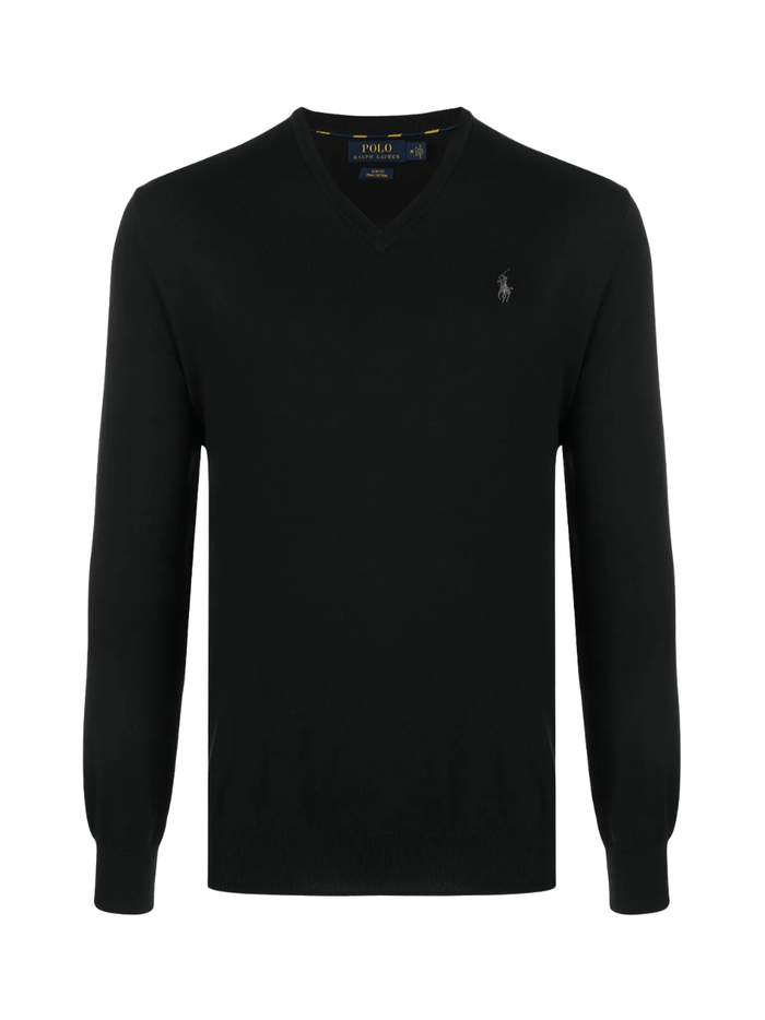 RALPH LAUREN Slim Fit Cotton V-Neck Sweater Polo Black