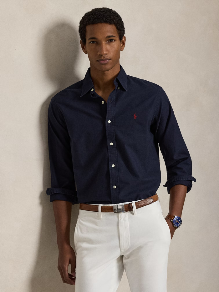 RALPH LAUREN Slim Fit Garment-Dyed Oxford Shirt Navy - MAISONDEFASHION.COM