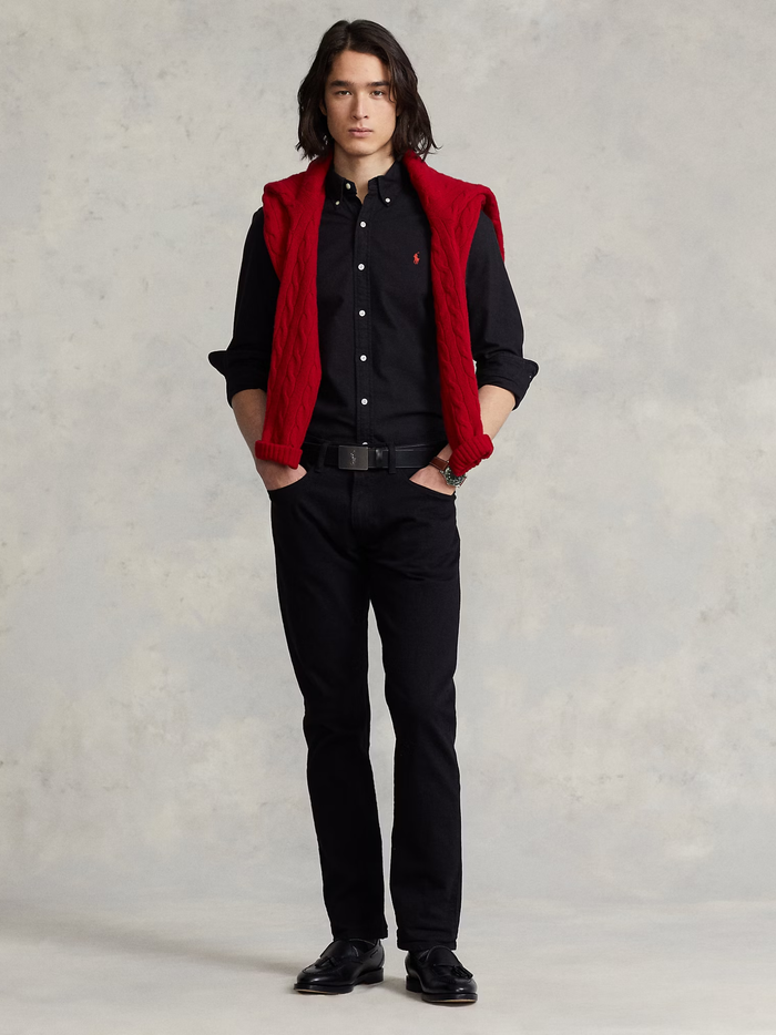 RALPH LAUREN Slim Fit Garment-Dyed Oxford Shirt Polo Black - MAISONDEFASHION.COM