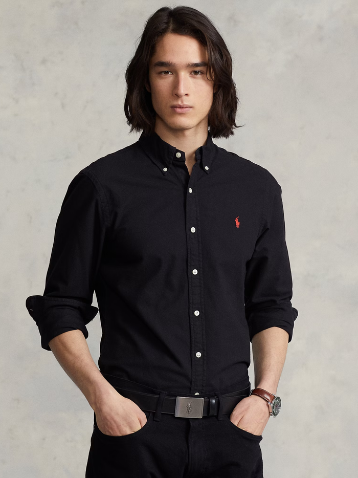 RALPH LAUREN Slim Fit Garment-Dyed Oxford Shirt Polo Black - MAISONDEFASHION.COM