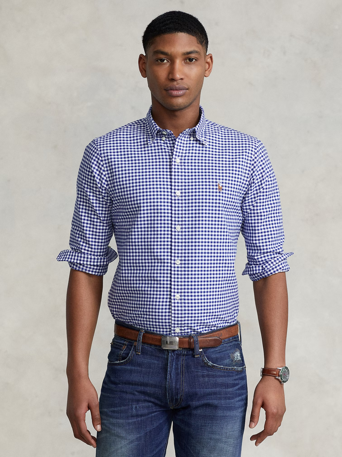 RALPH LAUREN Slim Fit Gingham Oxford Shirt Royal/White - MAISONDEFASHION.COM