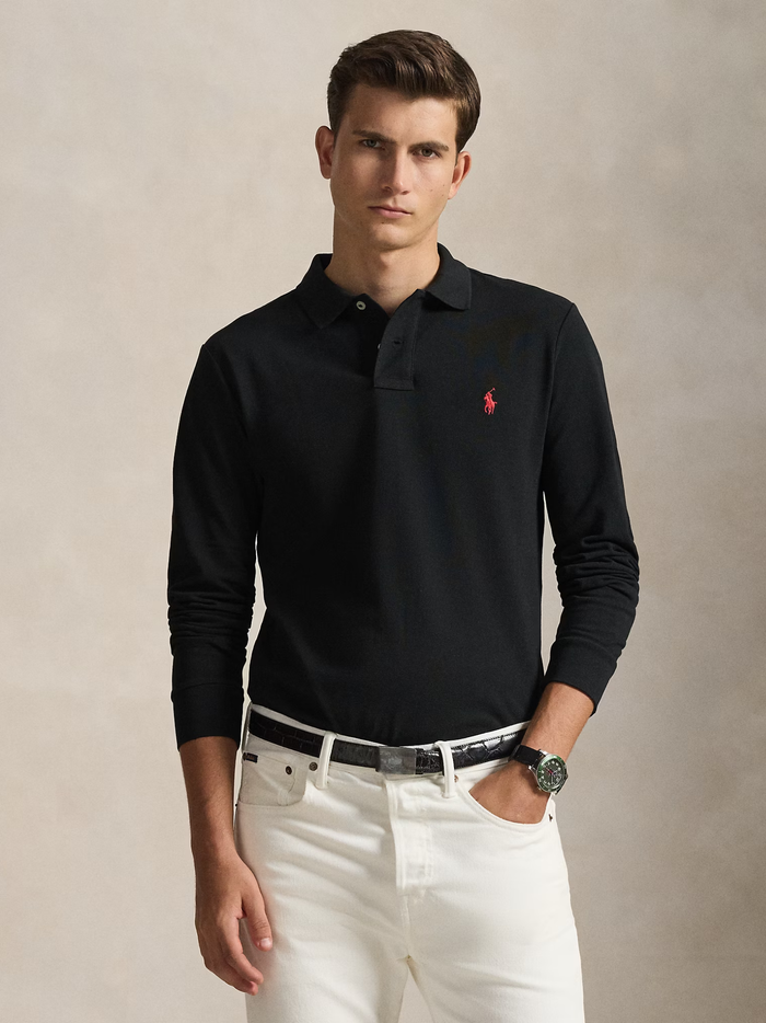 RALPH LAUREN Slim Fit Mesh Long-Sleeve Polo Black - MAISONDEFASHION.COM
