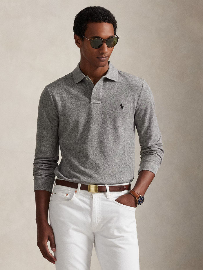 RALPH LAUREN Slim Fit Mesh Long-Sleeve Polo Canterbury Heather - MAISONDEFASHION.COM