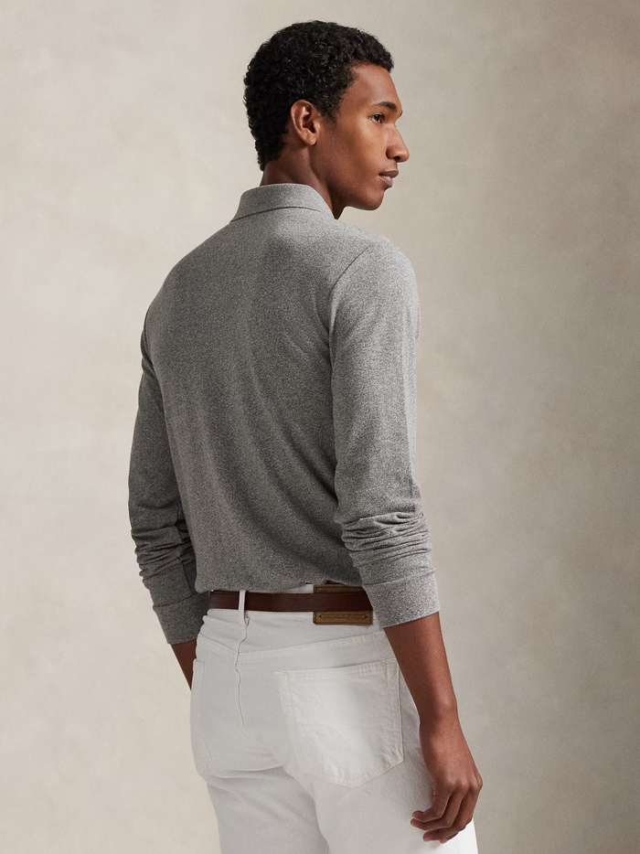 RALPH LAUREN Slim Fit Mesh Long-Sleeve Polo Canterbury Heather - MAISONDEFASHION.COM