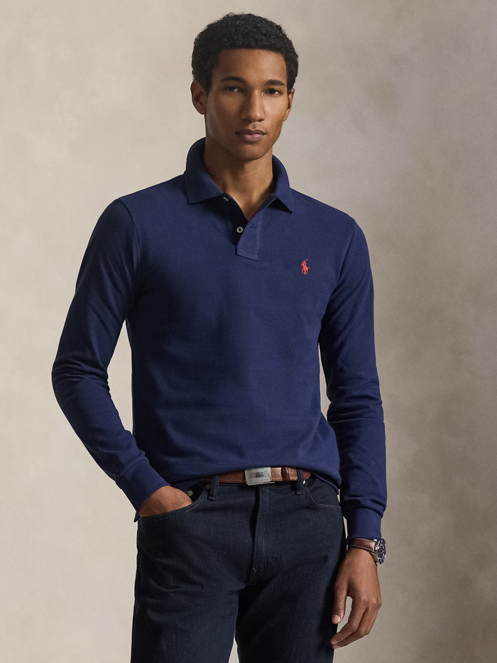RALPH LAUREN Slim Fit Mesh Long-Sleeve Polo Newport Navy - MAISONDEFASHION.COM