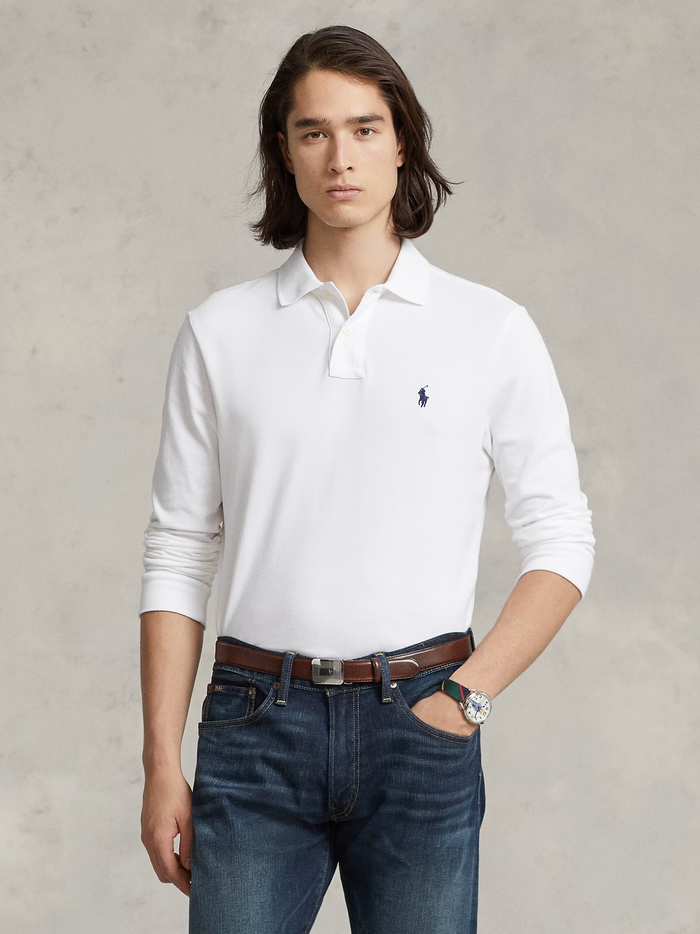 RALPH LAUREN Slim Fit Mesh Long-Sleeve Polo White - MAISONDEFASHION.COM