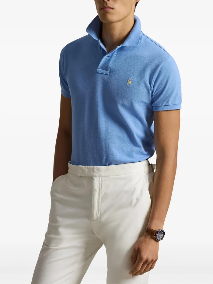 RALPH LAUREN Slim Fit Mesh Polo Shirt Bristol Blue - MAISONDEFASHION.COM