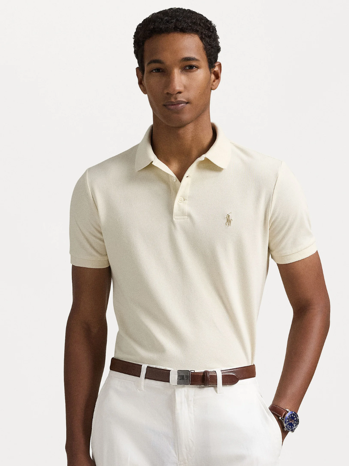 RALPH LAUREN Slim Fit Mesh Polo Shirt Natural - MAISONDEFASHION.COM
