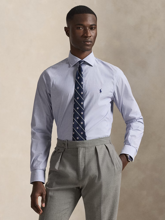 RALPH LAUREN Slim Fit Poplin Shirt Light Blue/White - MAISONDEFASHION.COM