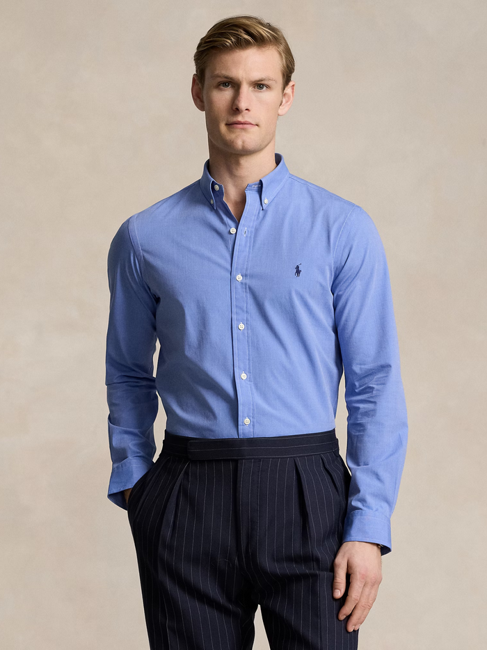 RALPH LAUREN Slim Fit Stretch End-On-End Shirt Blue End On End - MAISONDEFASHION.COM