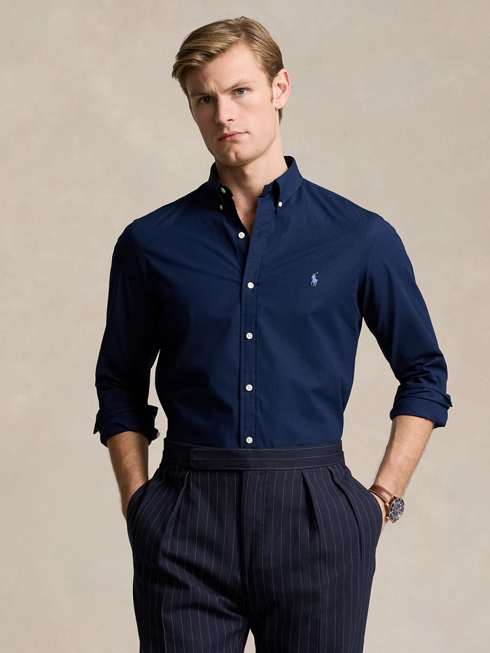 RALPH LAUREN Slim Fit Stretch Poplin Shirt Newport Navy - MAISONDEFASHION.COM
