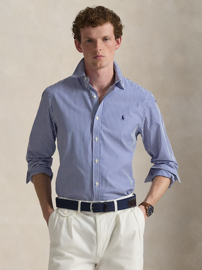 RALPH LAUREN Slim Fit Striped Stretch Poplin Shirt Blue/White Bengal Stripe - MAISONDEFASHION.COM