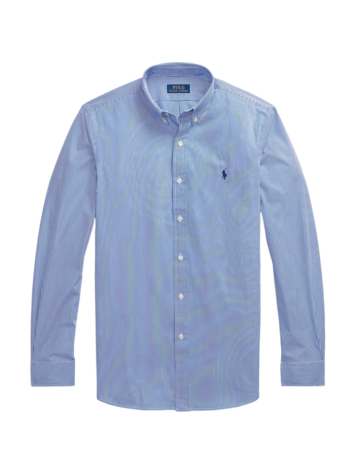 RALPH LAUREN Slim Fit Striped Stretch Poplin Shirt Blue/White Hairline - MAISONDEFASHION.COM