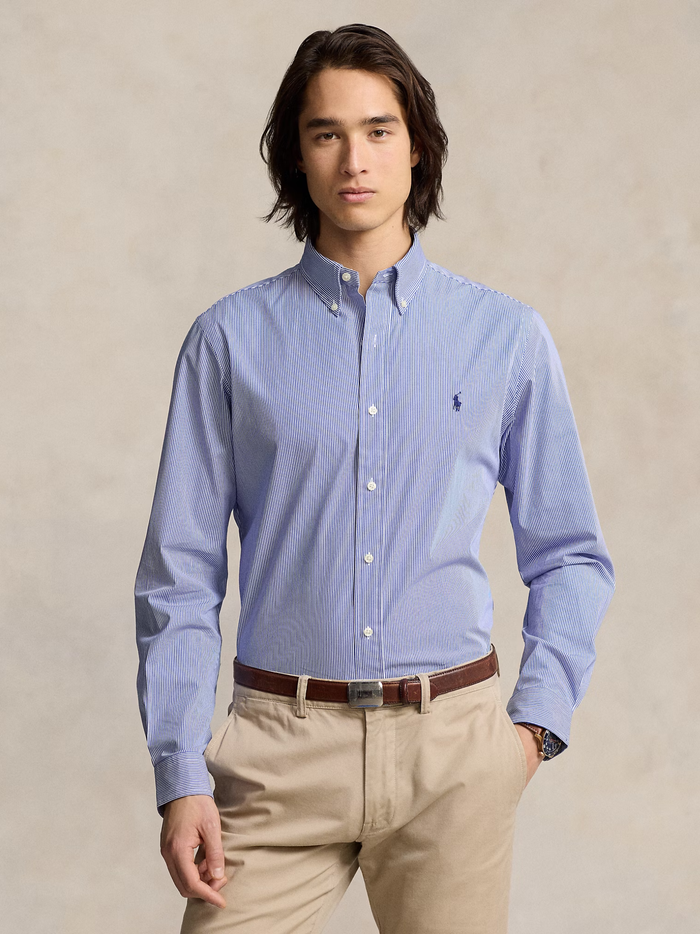 RALPH LAUREN Slim Fit Striped Stretch Poplin Shirt Blue/White Hairline - MAISONDEFASHION.COM