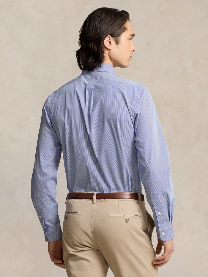 RALPH LAUREN Slim Fit Striped Stretch Poplin Shirt Blue/White Hairline - MAISONDEFASHION.COM
