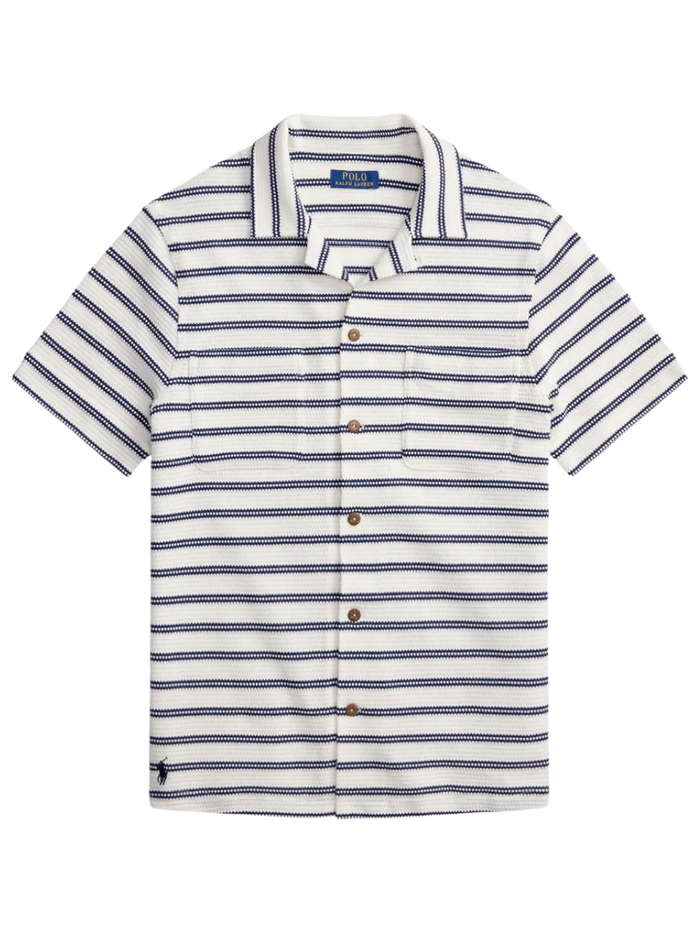 RALPH LAUREN Striped Pointelle-ribbed Camp Shirt Pale Cream/Navy - MAISONDEFASHION.COM