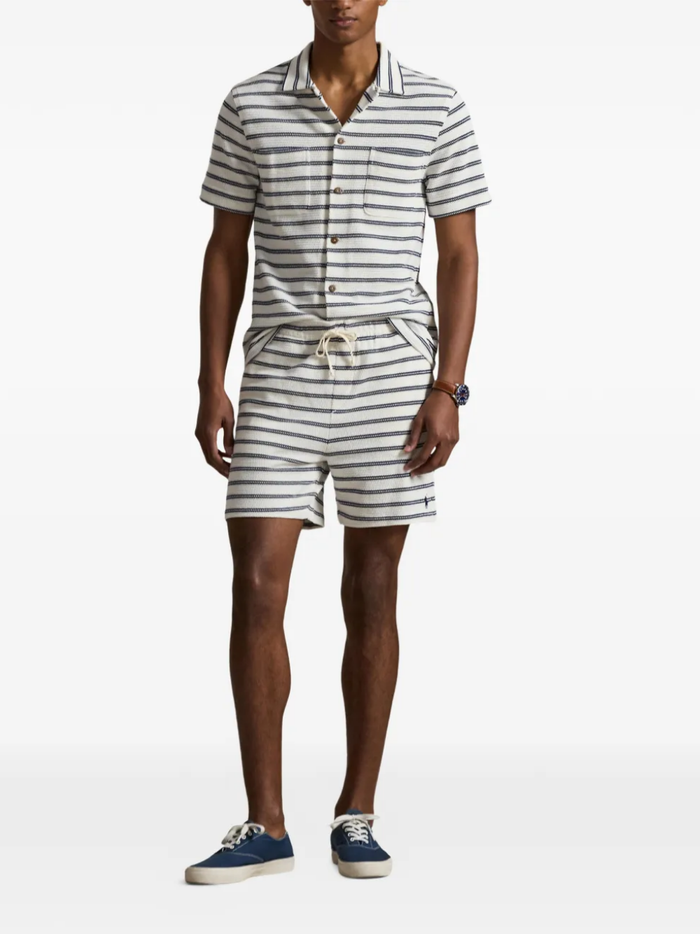 RALPH LAUREN Striped Pointelle-ribbed Camp Shirt Pale Cream/Navy - MAISONDEFASHION.COM