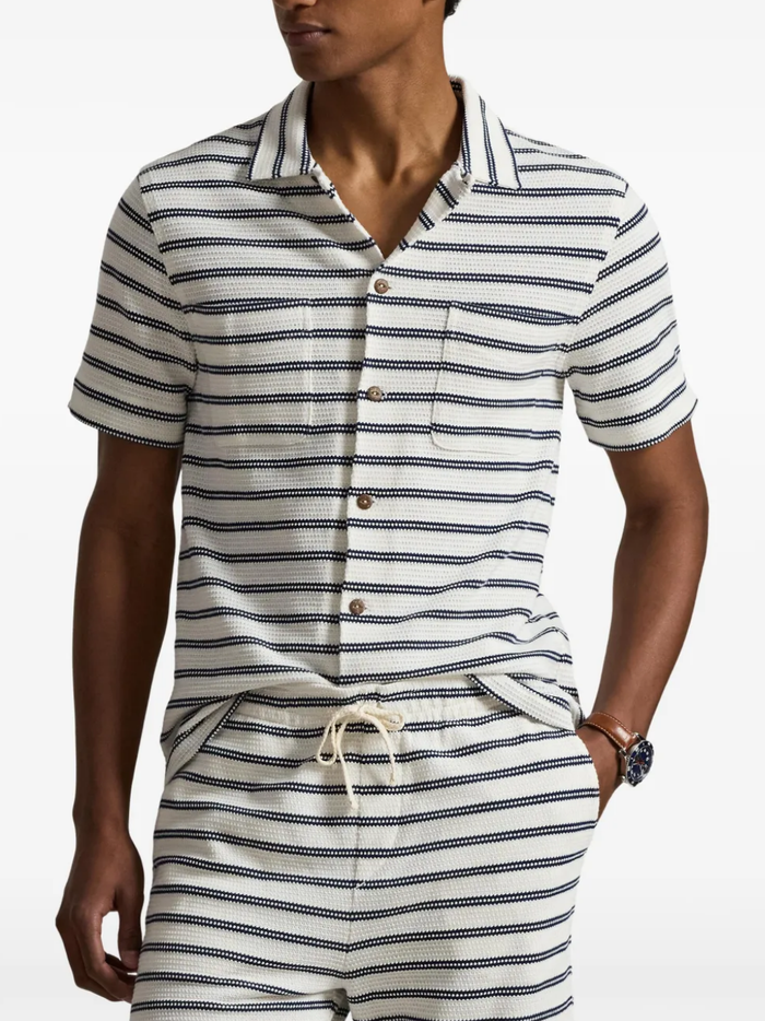 RALPH LAUREN Striped Pointelle-ribbed Camp Shirt Pale Cream/Navy - MAISONDEFASHION.COM