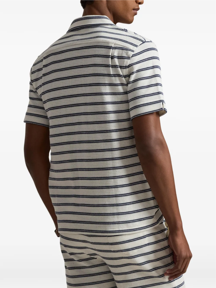 RALPH LAUREN Striped Pointelle-ribbed Camp Shirt Pale Cream/Navy - MAISONDEFASHION.COM