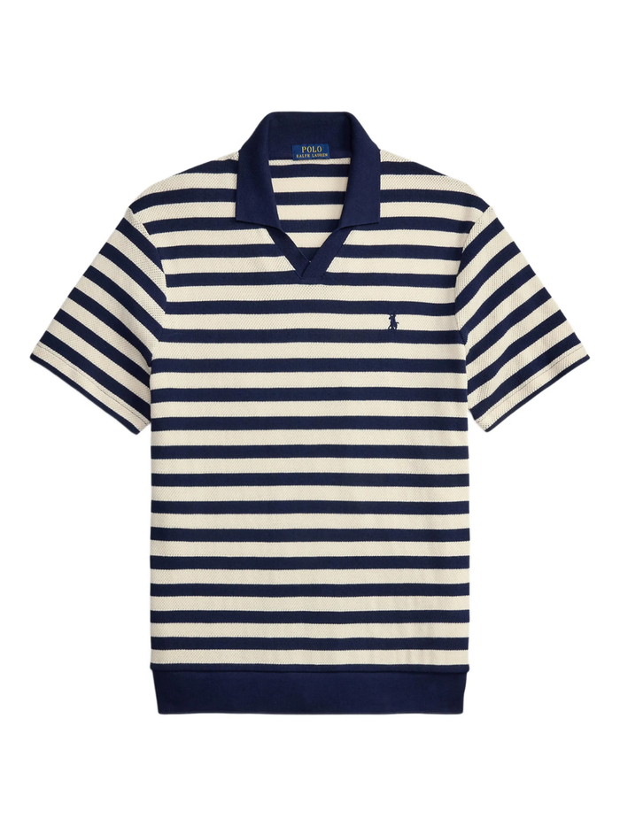 RALPH LAUREN Striped Pointelle-Ribbed Polo Shirt Newport Navy/Cream