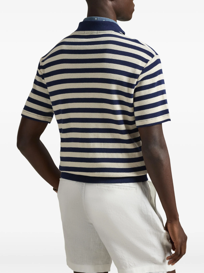 RALPH LAUREN Striped Pointelle-Ribbed Polo Shirt Newport Navy/Cream