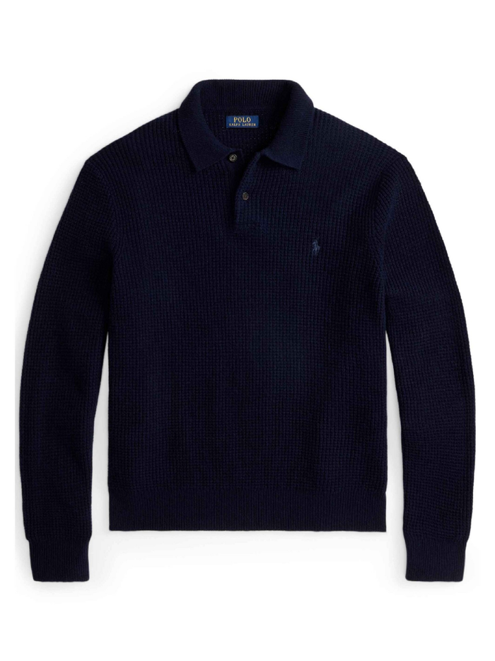 RALPH LAUREN Textured Wool-Cotton Polo-Collar Sweater Hunter Navy