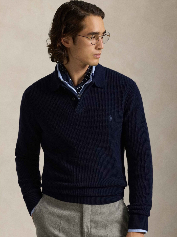 RALPH LAUREN Textured Wool-Cotton Polo-Collar Sweater Hunter Navy