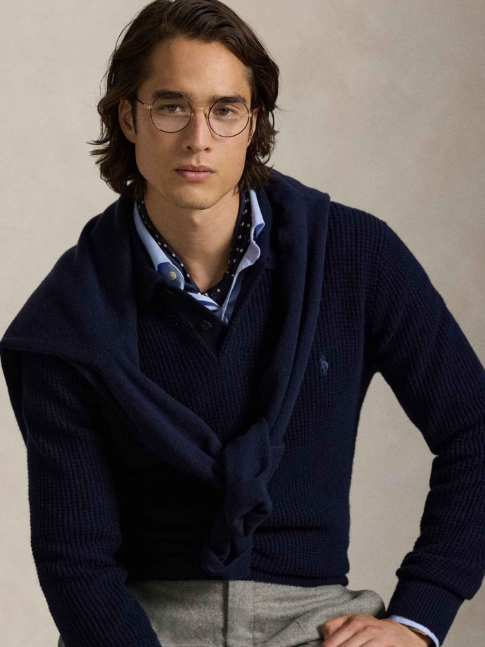 RALPH LAUREN Textured Wool-Cotton Polo-Collar Sweater Hunter Navy