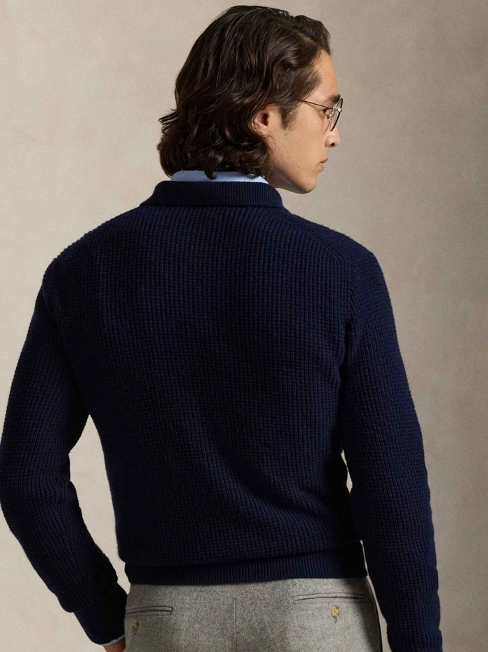 RALPH LAUREN Textured Wool-Cotton Polo-Collar Sweater Hunter Navy