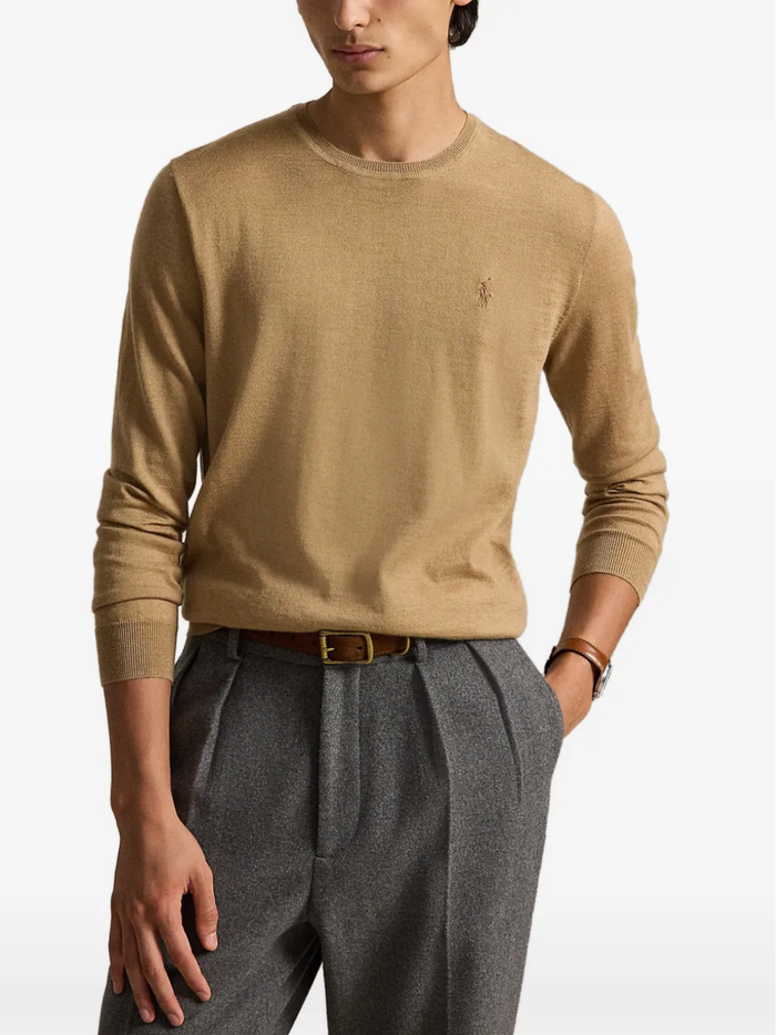 RALPH LAUREN Washable Wool Crewneck Sweater Jicama Brown Heather