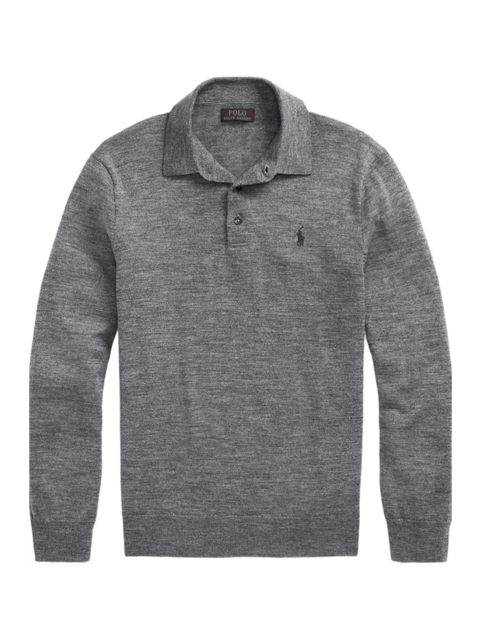 RALPH LAUREN Washable Wool Polo-Collar Sweater Fawn Grey Heather