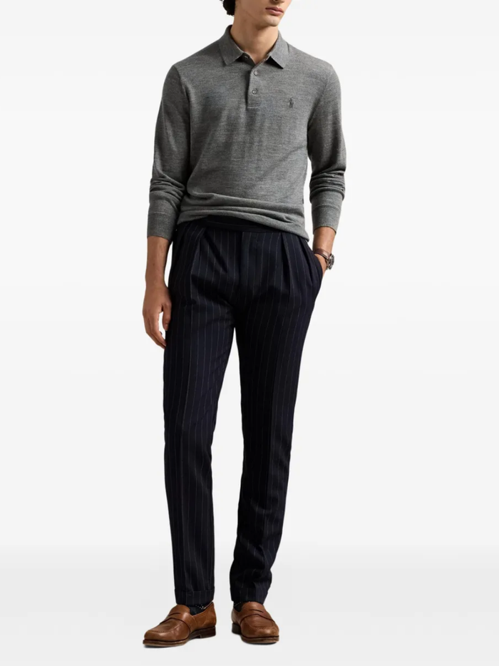 RALPH LAUREN Washable Wool Polo-Collar Sweater Fawn Grey Heather