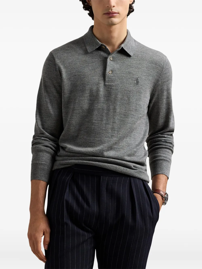 RALPH LAUREN Washable Wool Polo-Collar Sweater Fawn Grey Heather