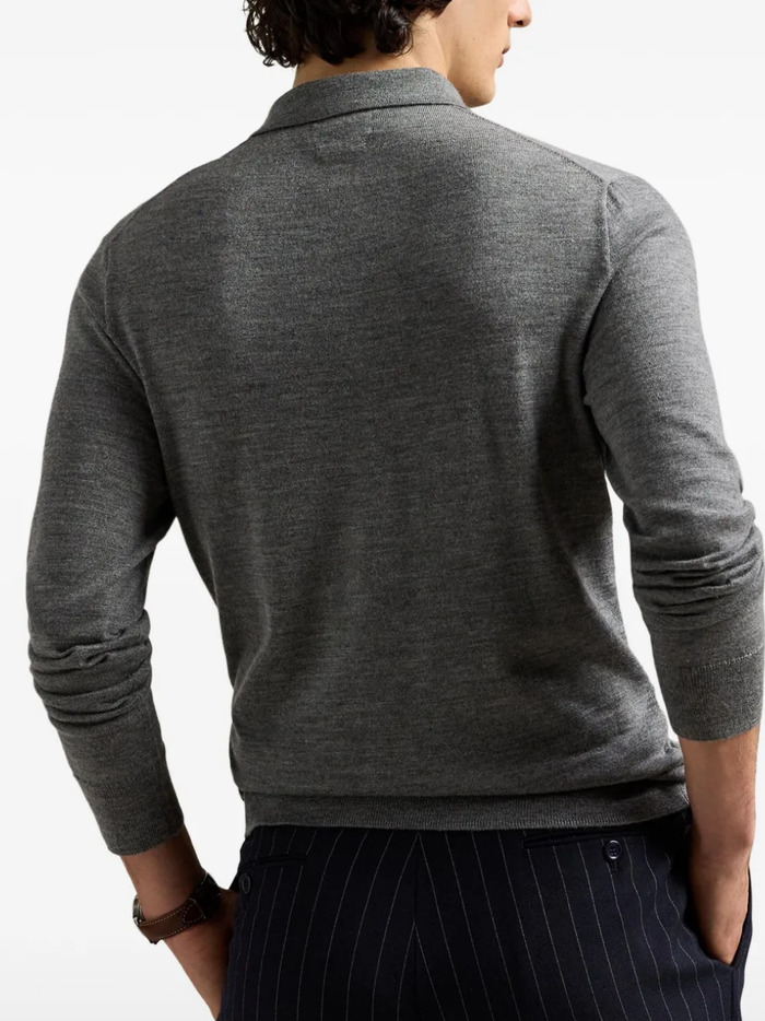 RALPH LAUREN Washable Wool Polo-Collar Sweater Fawn Grey Heather