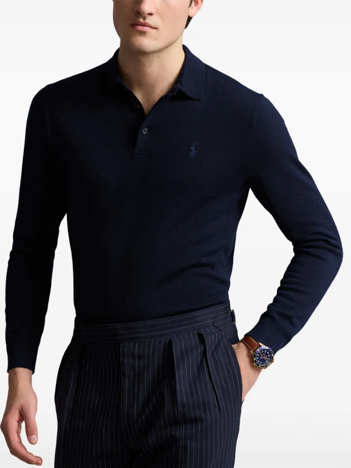 RALPH LAUREN Washable Wool Polo-Collar Sweater Hunter Navy
