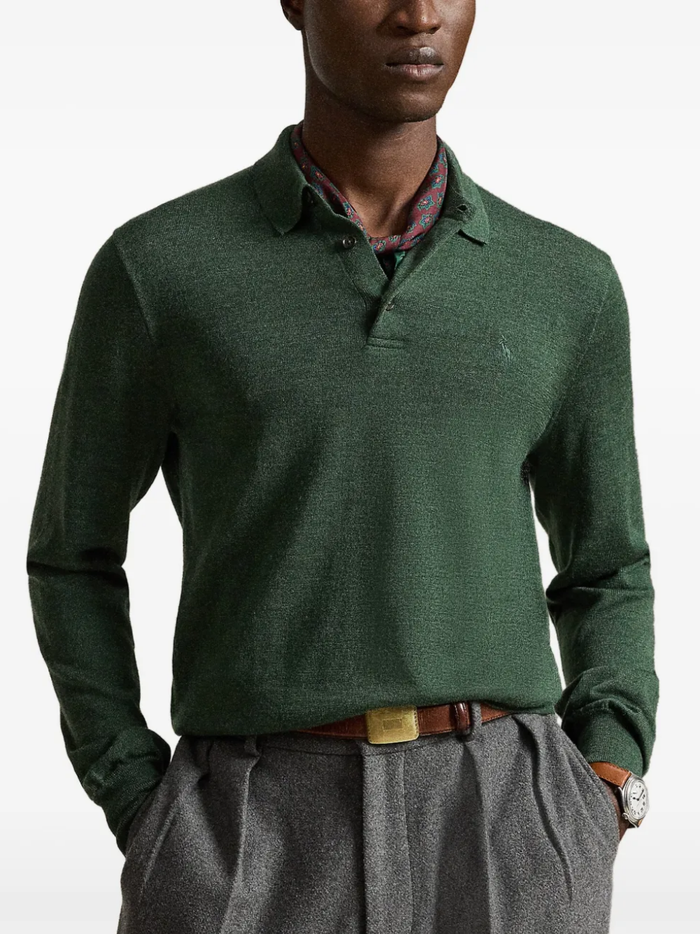 RALPH LAUREN Washable Wool Polo-Collar Sweater Lodgepole Pine Heather