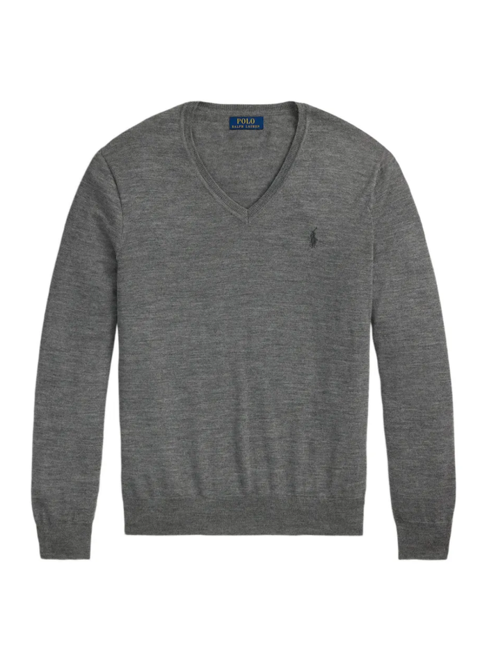 RALPH LAUREN Washable Wool V-Neck Sweater Fawn Grey Heather