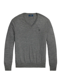RALPH LAUREN Washable Wool V-Neck Sweater Fawn Grey Heather