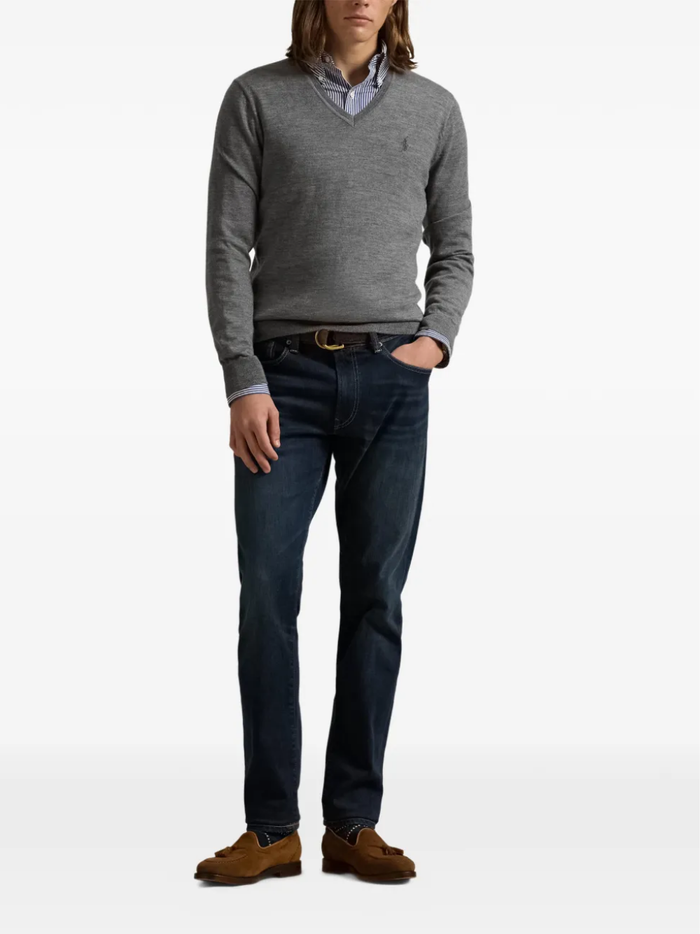 RALPH LAUREN Washable Wool V-Neck Sweater Fawn Grey Heather