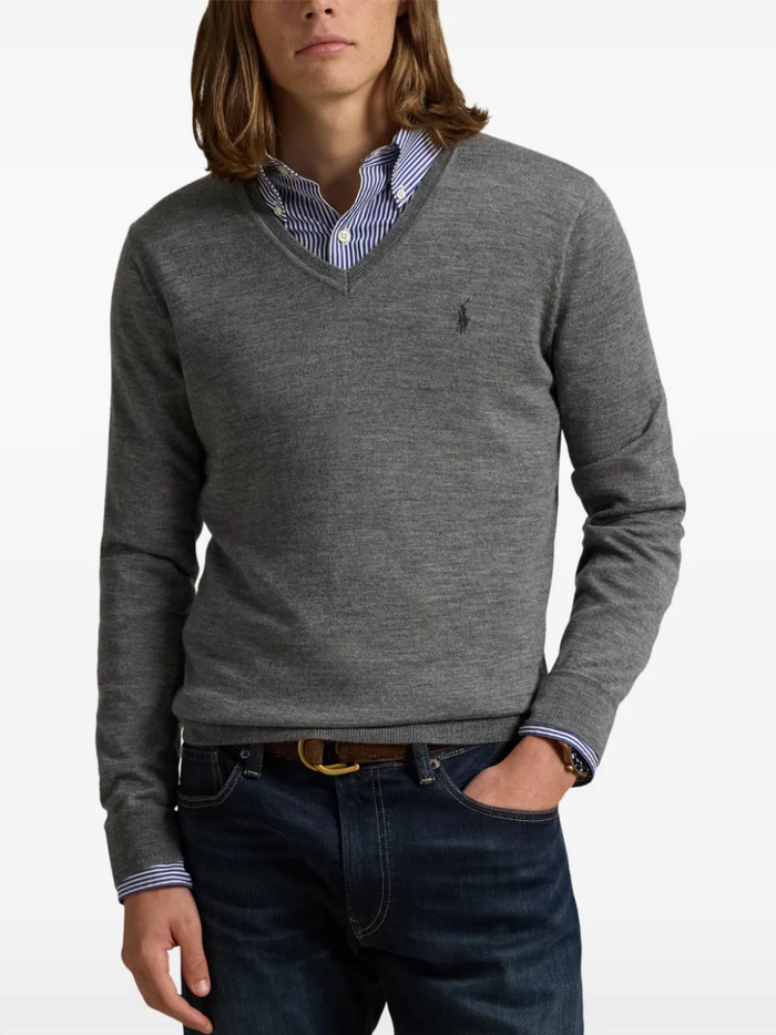 RALPH LAUREN Washable Wool V-Neck Sweater Fawn Grey Heather