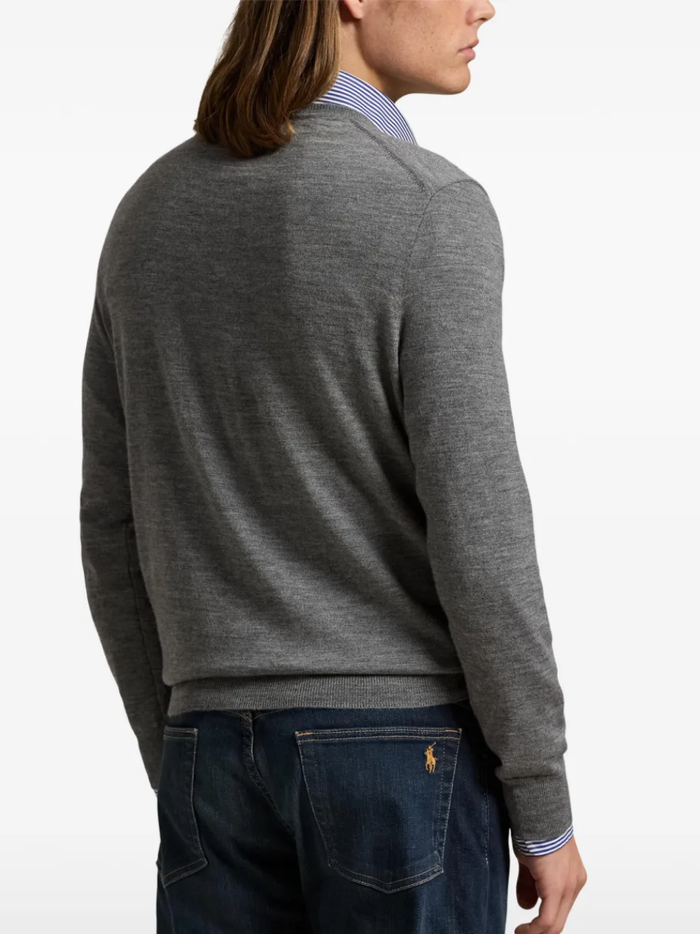 RALPH LAUREN Washable Wool V-Neck Sweater Fawn Grey Heather