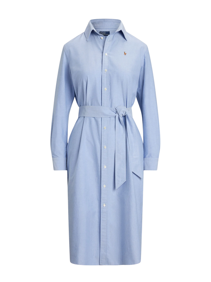 RALPH LAUREN WOMEN Belted Cotton Oxford Shirt Dress Blue