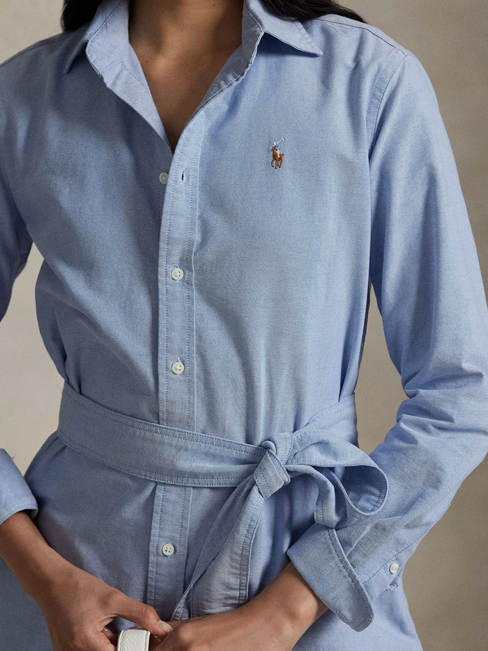 RALPH LAUREN WOMEN Belted Cotton Oxford Shirt Dress Blue