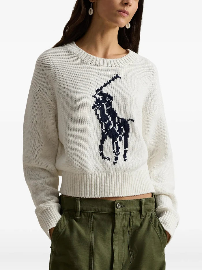 RALPH LAUREN WOMEN Big Pony Cotton Crewneck Jumper White - MAISONDEFASHION.COM