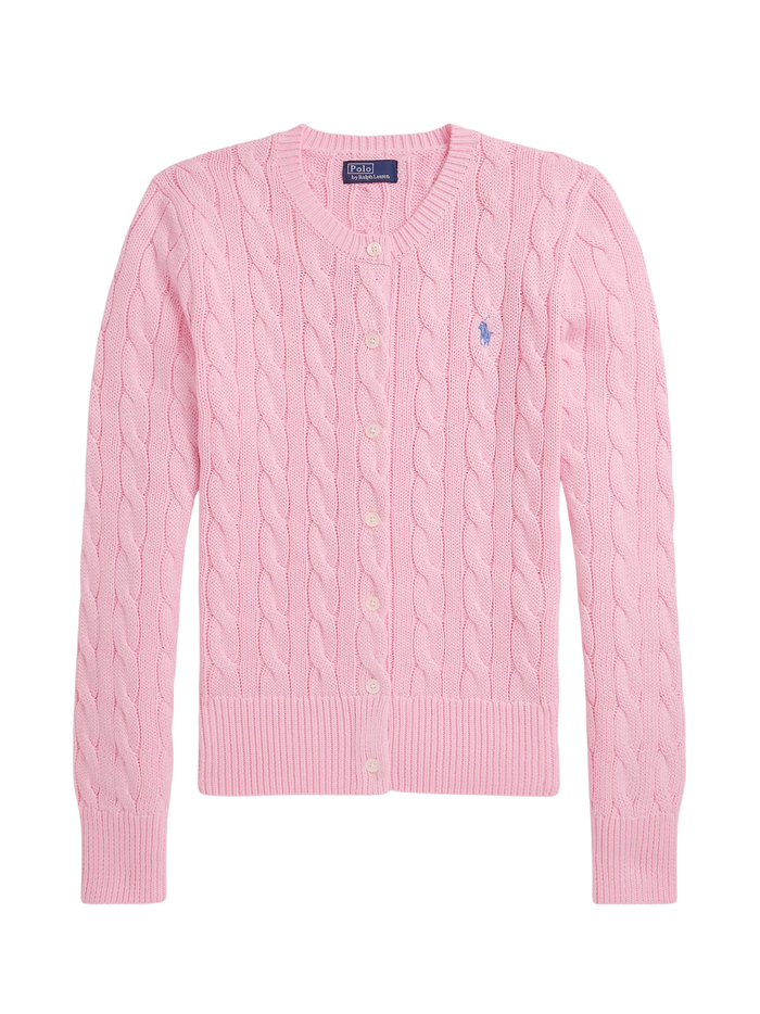 RALPH LAUREN WOMEN Cable-Knit Cotton Crewneck Cardigan Carmel Pink - MAISONDEFASHION.COM