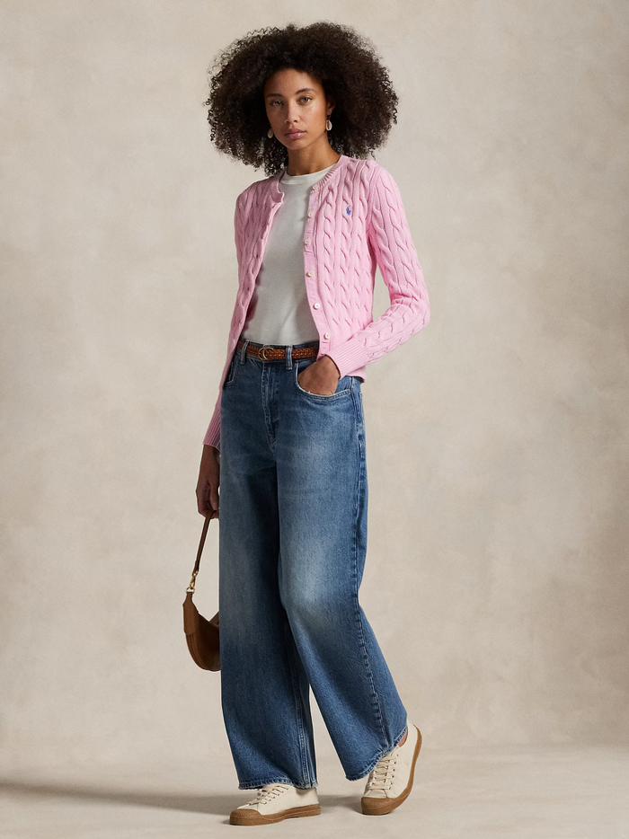 RALPH LAUREN WOMEN Cable-Knit Cotton Crewneck Cardigan Carmel Pink - MAISONDEFASHION.COM