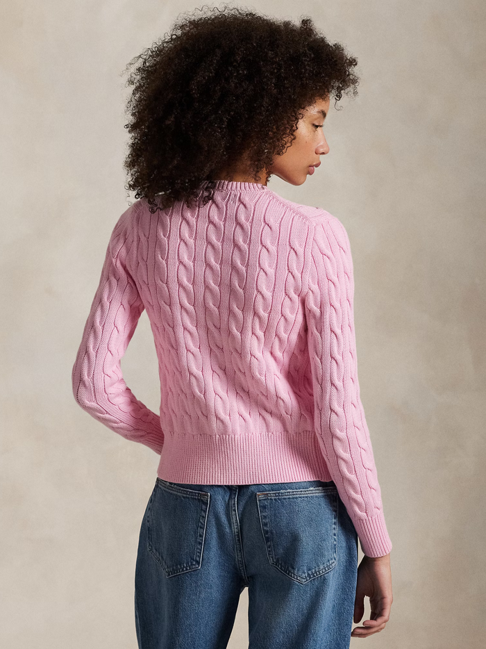 RALPH LAUREN WOMEN Cable-Knit Cotton Crewneck Cardigan Carmel Pink - MAISONDEFASHION.COM