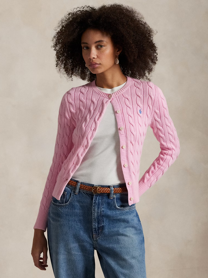 RALPH LAUREN WOMEN Cable-Knit Cotton Crewneck Cardigan Carmel Pink - MAISONDEFASHION.COM