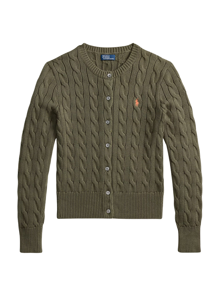 RALPH LAUREN WOMEN Cable-knit Cotton Crewneck Cardigan Dense Olive