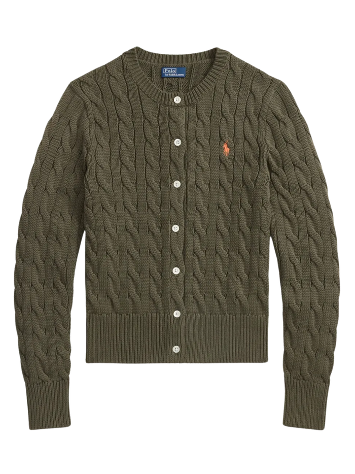 RALPH LAUREN WOMEN Cable-Knit Cotton Crewneck Cardigan Harvest Olive